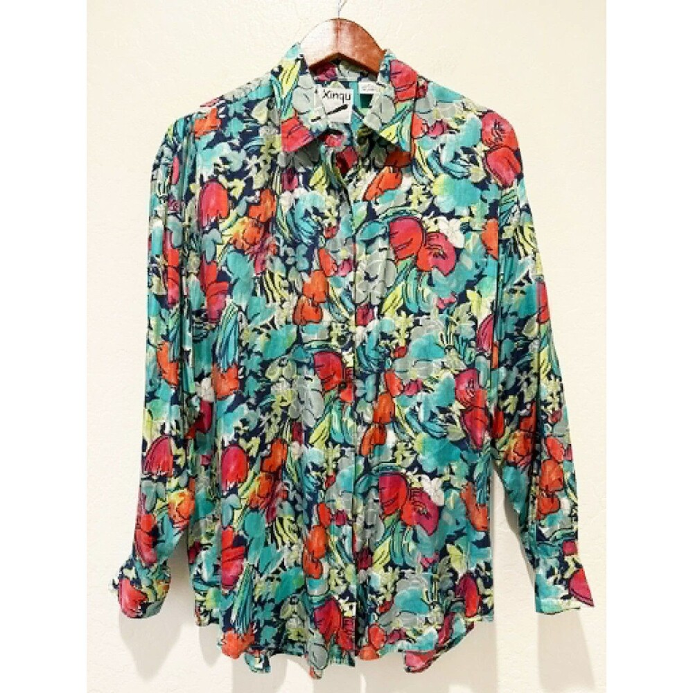 XINQU 100% Silk sz. M Vintage 90s Floral Blouse Cottagecore Maximalist Dopamine